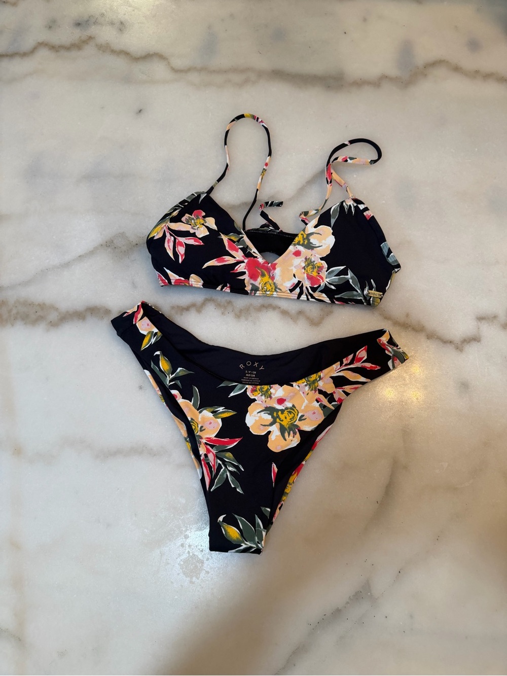 Roxy Black Floral Bikini Top with Pink Yellow & Green Accents
